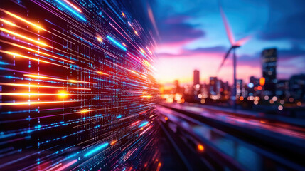 Fototapeta premium Futuristic cityscape with vibrant lights and renewable energy sources, showcasing wind turbines and dynamic skyline at sunset, symbolizing innovation and sustainability