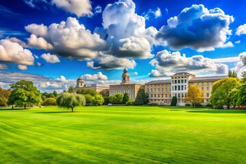 Obraz premium Expansive University Campus: Green Field, Classic Building, Blue Sky