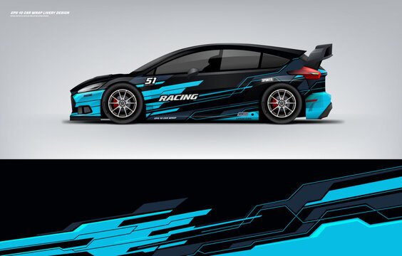 Sporty racing Car branding mockup with racing wrap decal or livery design, Hatchback wrap blue and black livery design