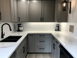 Modern Gray Kitchen with White Quartz Countertops