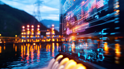 futuristic depiction of hydroelectric plant at night, showcasing vibrant digital data overlays and illuminated power lines reflecting on water
