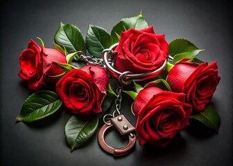 Aerial Shot: Leather Handcuffs & Roses on Black Background - Dramatic Stock Photo