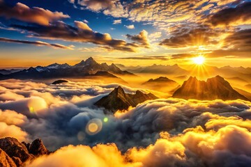Aerial Panoramic Mountain Landscape with Bokeh, Stunning View from Above the Clouds