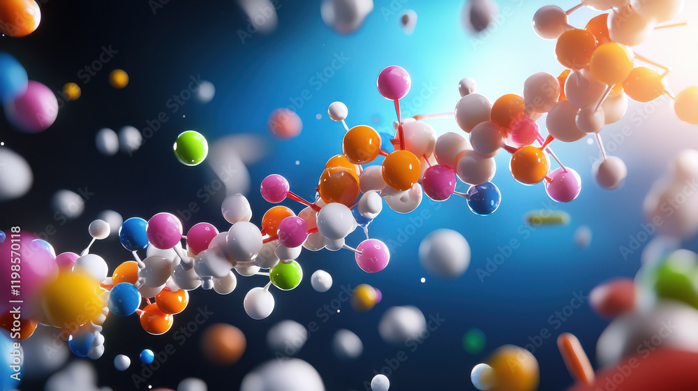 Aufkleber Futuristic depiction of colorful molecular structures in motion, showcasing vibrant array of atoms and molecules against dynamic background