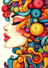 A colorful woman with a long, curly hairstyle. The hair is in a variety of colors, including pink, blue, and yellow. The woman has a pink lip and a smile on her face