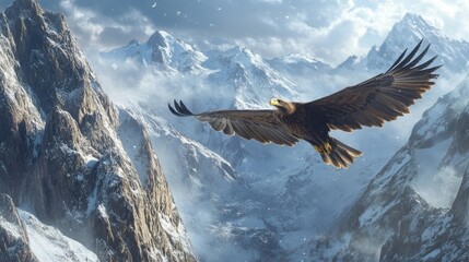 A breathtaking digital artwork showcasing a powerful eagle in flight over a stunning vista of snow-covered mountain peaks.