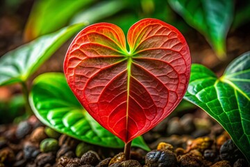 Aerial View: Anthurium magnificum Seedling Unfurling Vibrant Red New Leaf