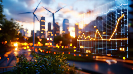 futuristic cityscape with wind turbines and glowing graph overlay, symbolizing eco friendly growth and urban development. sunset adds warm ambiance to scene