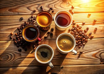 Aerial View: Aromatic Coffee Cups on Bright Background - Drone Photography