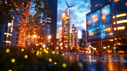 Fototapeta na wymiar vibrant futuristic cityscape featuring illuminated buildings, digital displays, and lush greenery. scene captures essence of modern urban life with eco friendly elements