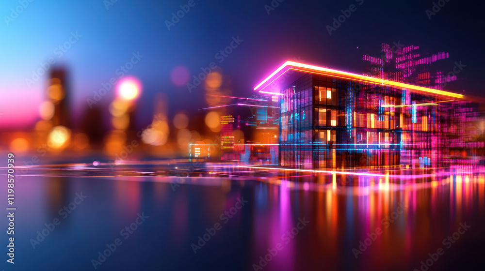 Poster futuristic engineering building design with vibrant neon lights and digital elements, showcasing mod
