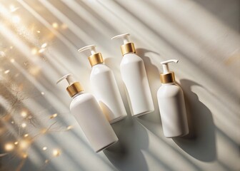 Aerial View: Blank White Shampoo & Conditioner Bottles - Clean Product Packaging Mockup
