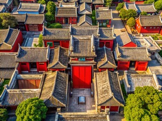 Aerial View: Beijing Siheyuan Courtyard with Lion Doorknockers - Red Door, Traditional Hutong Architecture