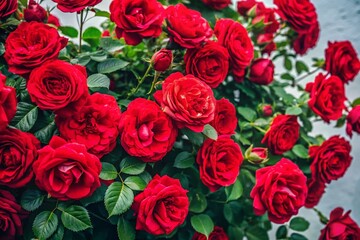 Aerial View Blooming Red Rose Bushes Isolated White Background - Stock Photo