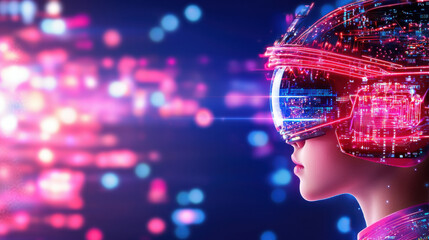 Futuristic woman wearing digital helmet, surrounded by vibrant lights and data streams, representing advanced technology and virtual reality experiences