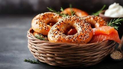basket filled with golden-brown bagels, sprinkled with sesame seeds, served with cream cheese and lox on the side in a cozy cafe