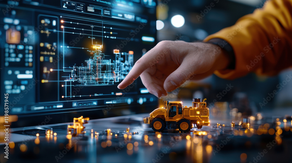 Poster futuristic engineering software interface displays real time data while hand interacts with miniature construction vehicle. scene highlights advanced technology in engineering