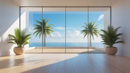 Fototapeta premium big wide empty room of a luxury tropical house with beach and palms view through glass doors 