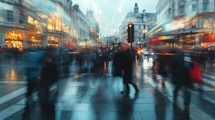 A vibrant urban scene of a large crowd of people crossing a pedestrian crossing in a bustling city street.