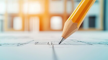 Engineer project idea. Close-up of a pencil drawing architectural plans on a blueprint.
