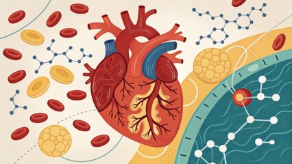 A vibrant illustration of a human heart surrounded by blood cells, molecules, and a blue circular pattern, representing the cardiovascular system and biological processes.
