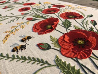 Aerial View Embroidery Floral Pattern Poppies Bees Spring Summer Nature