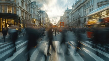 Obraz premium A vibrant urban scene of a large crowd of people crossing a pedestrian crossing in a bustling city street.