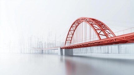 Fototapeta premium Engineer sketching concept. A modern red bridge reflecting in calm water, showcasing architectural innovation.