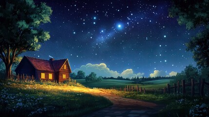 beautiful starry sky above a quiet countryside, where