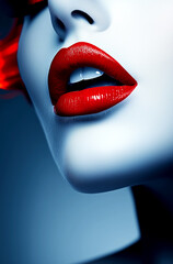 Fototapeta premium A woman's face with red lips and a blue background