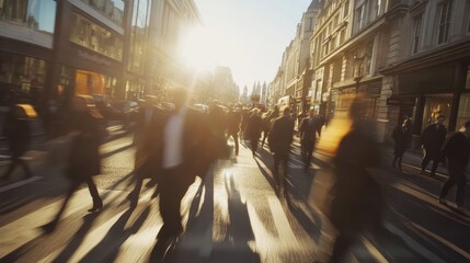 A vibrant urban scene of a large crowd of people crossing a pedestrian crossing in a bustling city street.