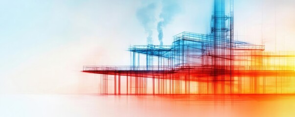 Naklejka premium Engineer sketching concept. Abstract representation of an industrial structure with vibrant color tones and steam.