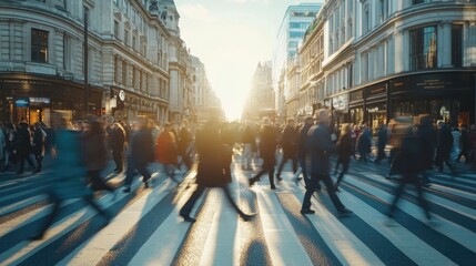 A vibrant urban scene of a large crowd of people crossing a pedestrian crossing in a bustling city street.