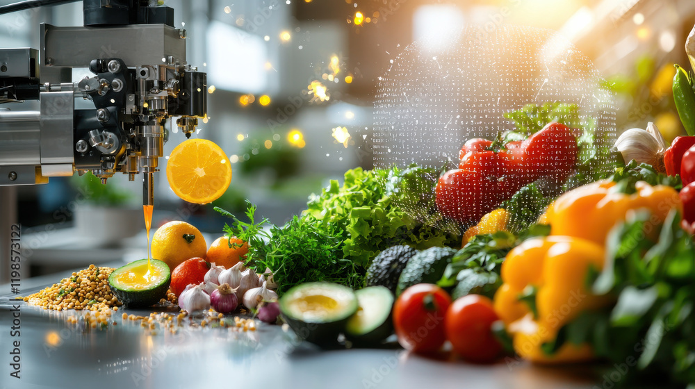 Aufkleber futuristic food factory with machines processing fresh vegetables and fruits, showcasing automation 