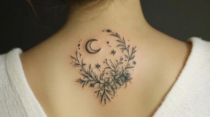 Delicate Floral and Celestial Tattoo on Woman's Neck