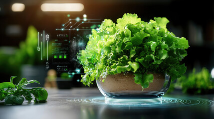 Futuristic food innovation lab with smart plant technology and greenery. Scientists explore sustainable agriculture and digital farming solutions for healthier food