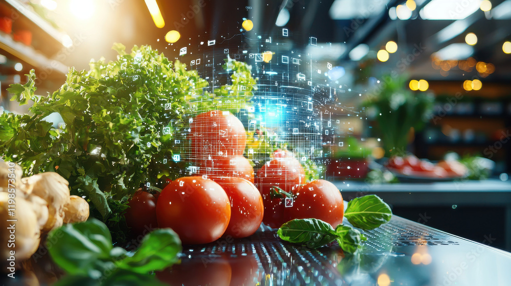 Aufkleber fresh tomatoes and herbs in futuristic food lab with digital technology. vibrant colors and innovati