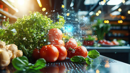 Fresh tomatoes and herbs in futuristic food lab with digital technology. vibrant colors and innovative atmosphere highlight intersection of nature and technology
