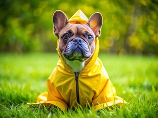 French Bulldog in Yellow Raincoat, Top View Park, Dog Photography