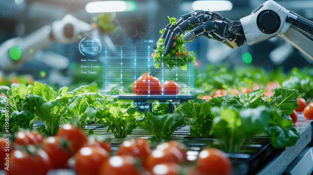 Poster robotic arm in futuristic food packaging system handles fresh vegetables, showcasing advanced techno
