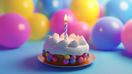 Birthday cake with cream frosting decorated with multicolored lit candles on a background. Happy Birthday concept. 
