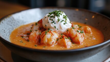 creamy lobster bisque, rich with flavor and topped with a dollop