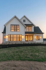 Obraz premium The modern farmhouse exterior at twilight radiates cozy warmth through its inviting lighting, highlighting the elegant architecture within a tranquil countryside backdrop