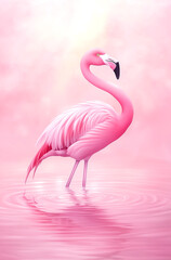 Fototapeta premium A pink flamingo is standing in a pink body of water. The flamingo is the main focus of the image, and the pink color of the water and the bird creates a sense of harmony and tranquility