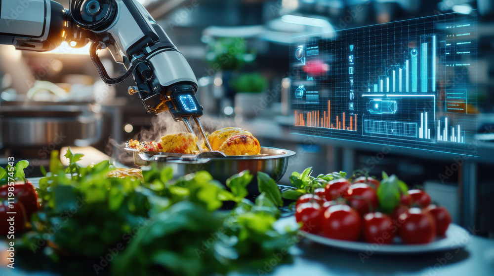 Aufkleber futuristic food preparation system in restaurant, featuring robotic arm cooking dishes while display
