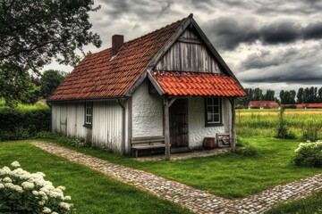 A charming little cottage featuring a bright red roof is nestled amidst vibrant greenery, with a winding gravel pathway leading up to it, all set against a backdrop of a cloudy sky.
