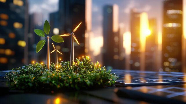 futuristic green tech city featuring floating wind turbines and vibrant greenery symbolizes innovation and sustainability. scene captures harmonious blend of nature and technology