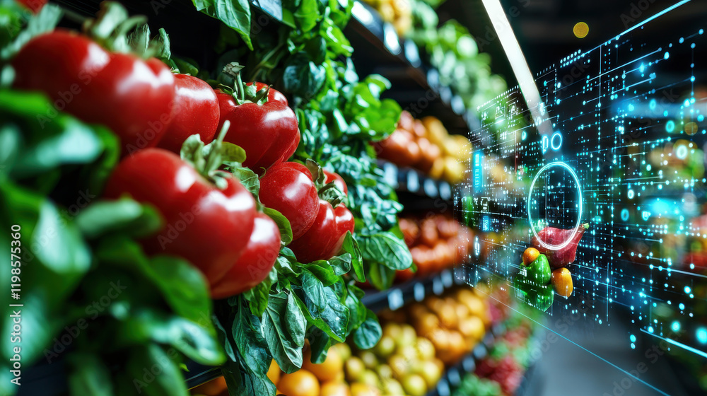Poster futuristic grocery store with automated systems showcasing fresh produce, including vibrant tomatoes