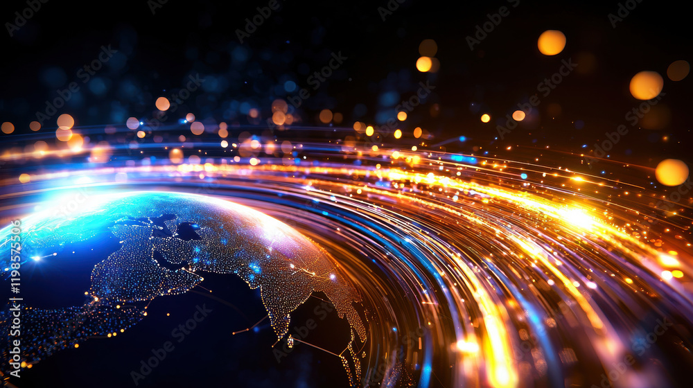 Poster futuristic illustration of glowing globe surrounded by vibrant light trails, symbolizing global conn