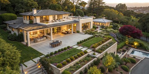 Aerial View Modern Home Patio Garden Lush Landscaping Suburban Residence